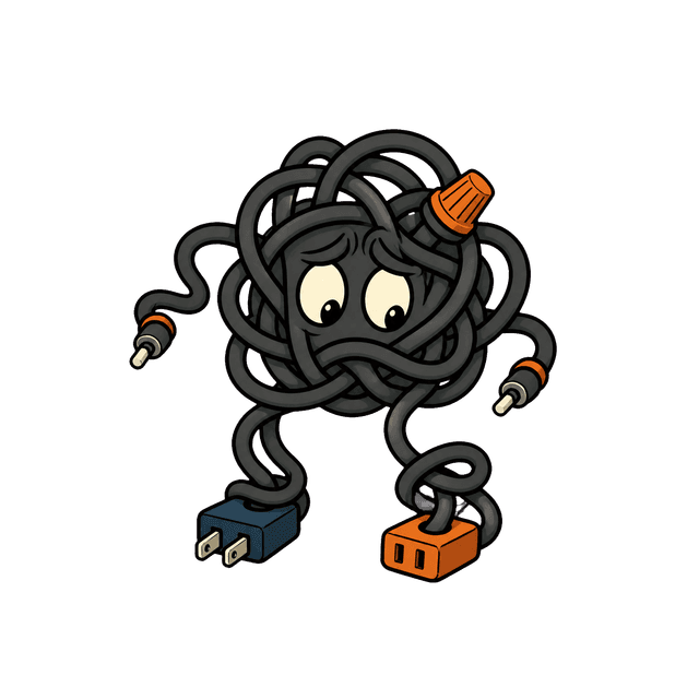 The Loose Connection, a knot of tangled cords with a worried face