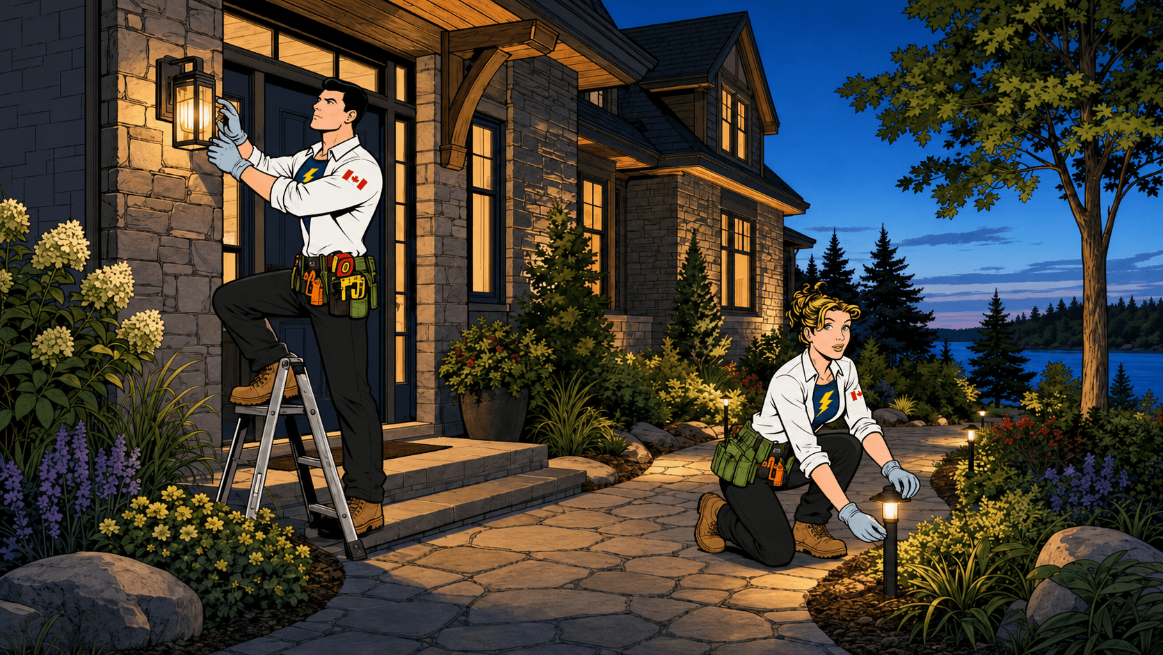 Outdoor lighting installation at dusk
